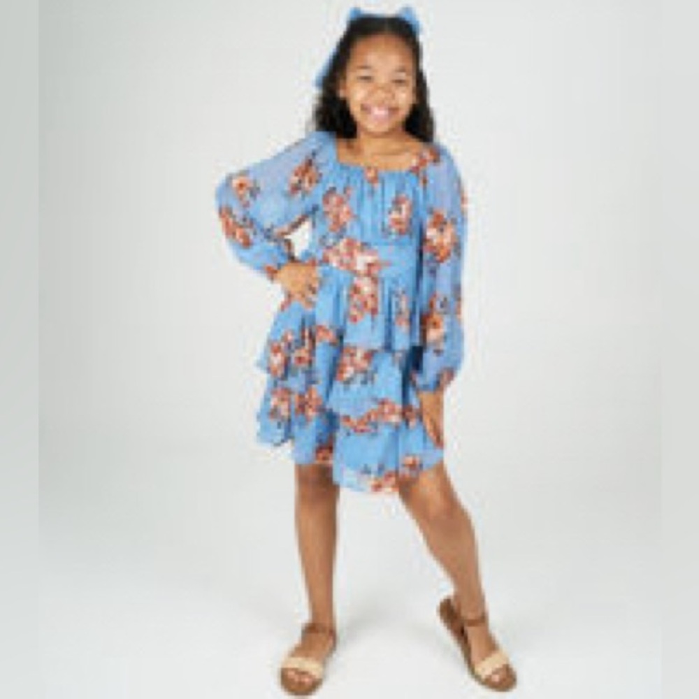Rare Editions Blue Floral Tiered Dress With Hair Bow